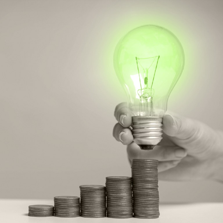 hand holding a green lightbulb