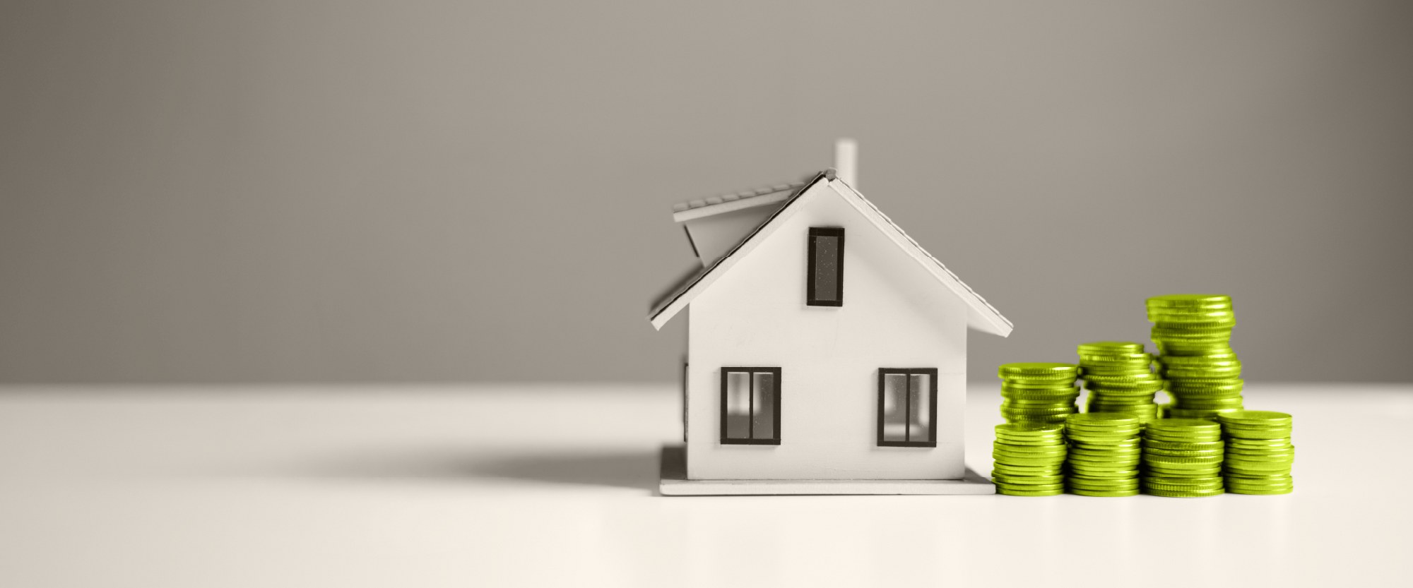 green stacks of coins next to a house